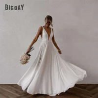 Elegant A-Line Wedding Dresses V-Neck Spaghetti Straps Split Open Back Chiffon Bridal Gown Train Vestidos De Noiva Customized 1