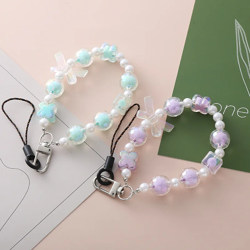 New Bowknot Fresh and Sweet Beaded Mobile Phone Chain Anti loss Case Hanging Rope Bag Key Hanger