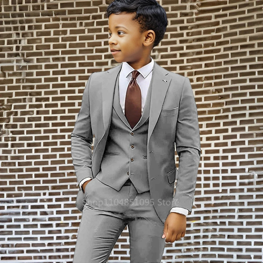 Flower Boys Suit Gray 3-piece Jacket Vest Pants Wedding Graduation Ceremony Competition Size 2-18Y Teens School Uniform Dresses