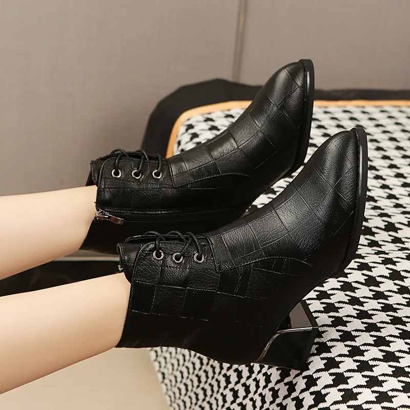 Ankle Boots for Women 2023 Winter Office Women's Boots Simple Black High-heeled Ankle Boots Trendy Pointed Toe Zipper Boots