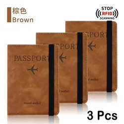 RFID Blocking Travel Passport and Credit Card Holder Case - Stylish PU Leather Protective Accessory (3 Pcs Brown)