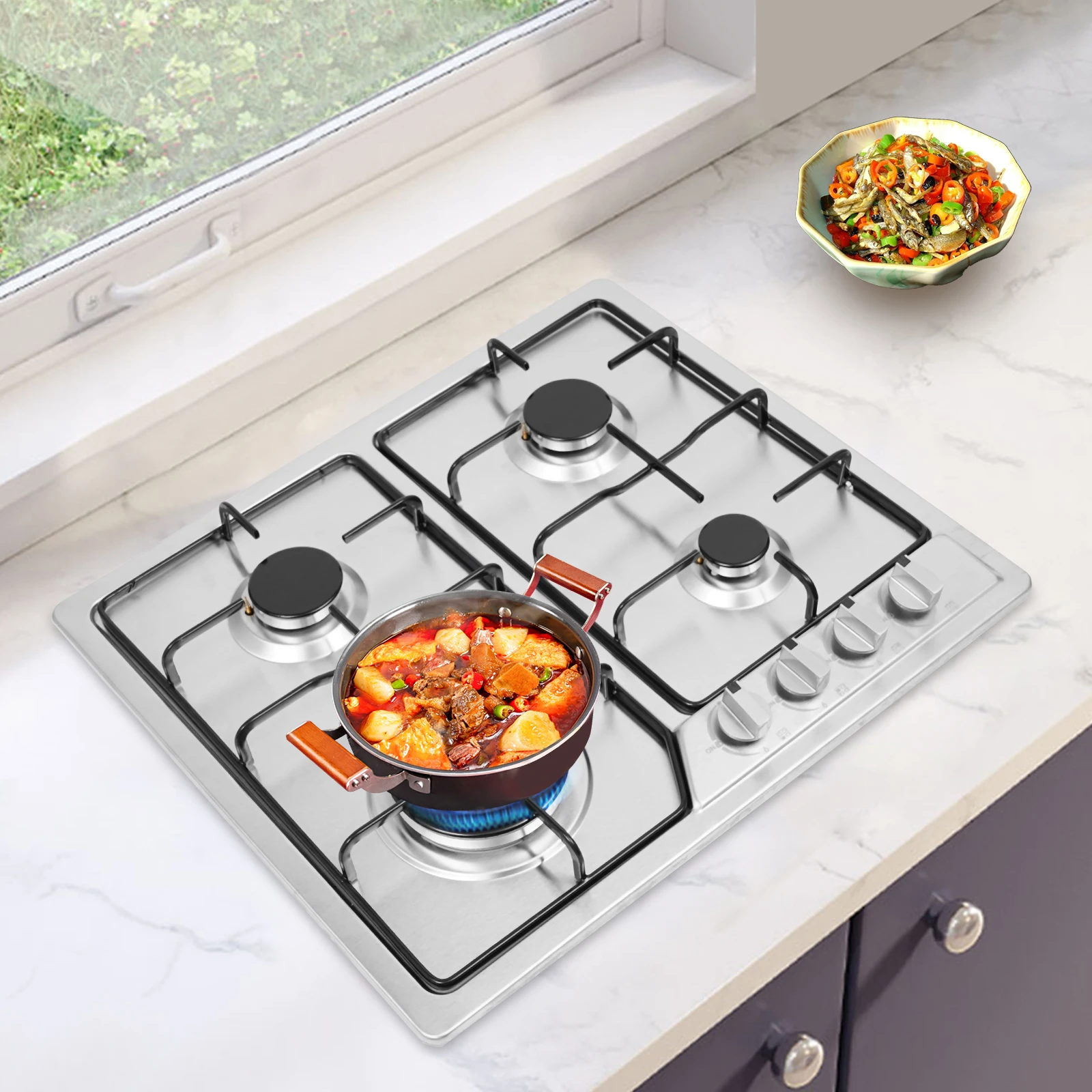 4 Head Eye Stove Gas Stove 58*50cm Kitchen Cooktop 4-Burner Stove Stable and Anti-Slip for Domestic/Commercial 5
