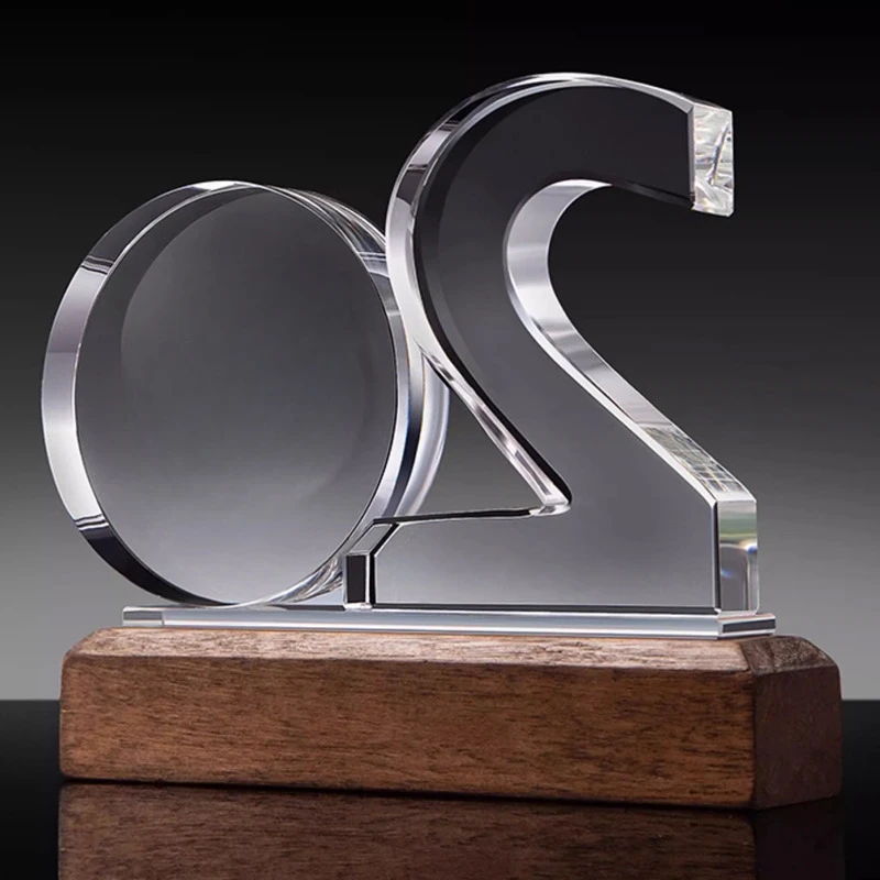Customized Digital Year Anniversary Solid Wood Base Crystal Trophy, Company Annual Meeting Award Commemorations, Home Decor, 1Pc