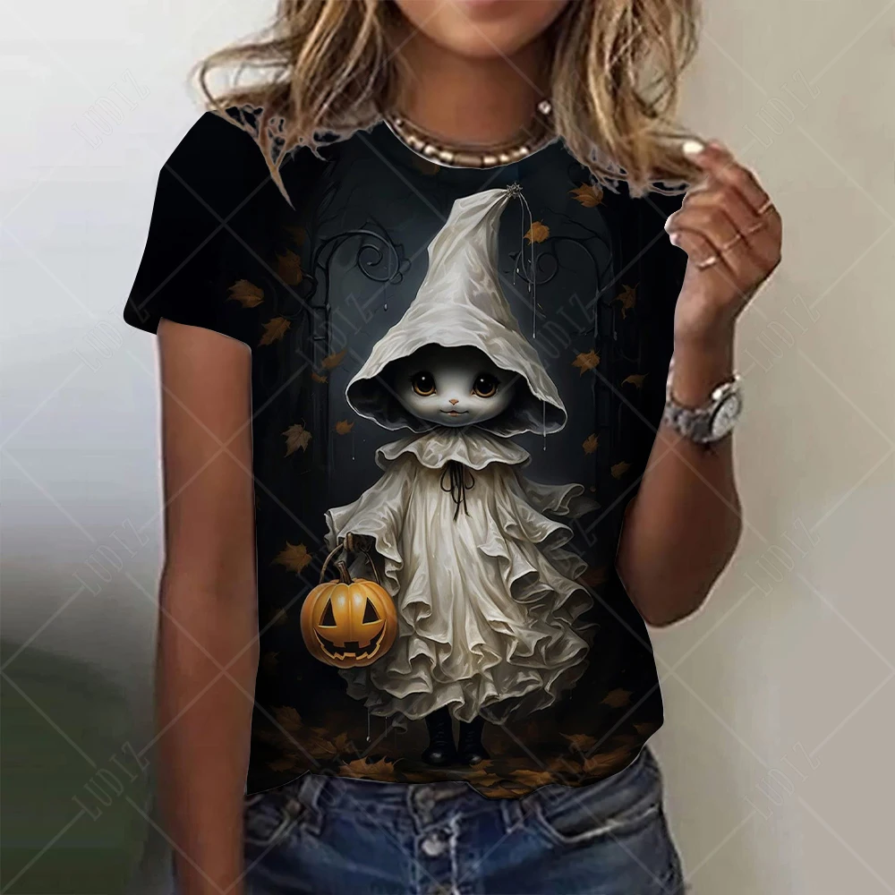 

Halloween Woman T Shirt 3D Print Diablo Cat O-Neck Short Sleeve Tees Luxury Female T-shirts Oversized Y2k Clothing For Girls