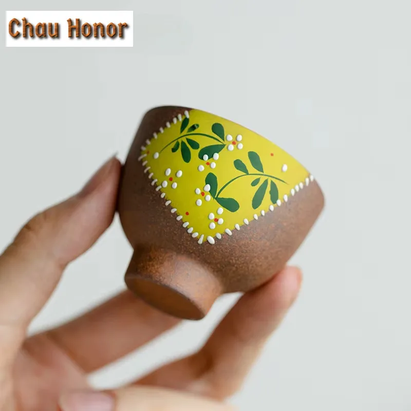 35ml Retro Pure Hand-painted Chrysanthemum Teacup Zen Old Rock Mud Tea Bowl Tea Cup Saucer Set Master Cups Tea Ceremony Craft