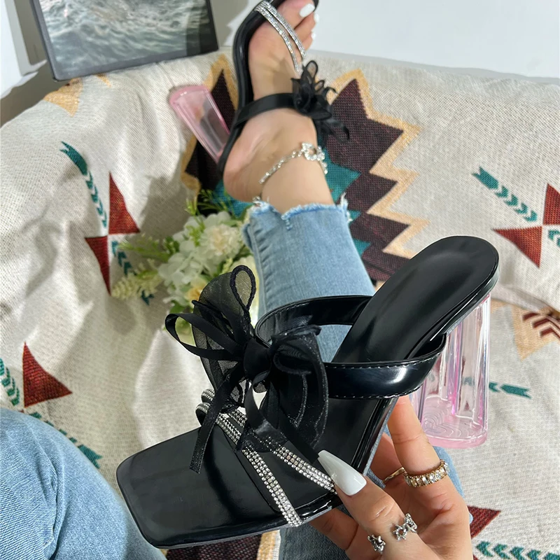 Kcenid Ladies Shoes Summer Crystal Narrow Band Butterfly-knot Slippers Woman Transparent Square Heel Party Zapatos De Mujer