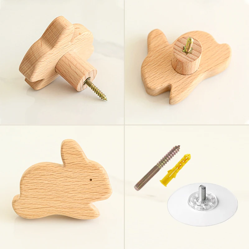 1PCS Solid Wood Hooks Cute Room Decor Animal Hook Wall Hanging Key Coat Hook Home Decoration Hanger Bathroom Kitchen Accessories 6