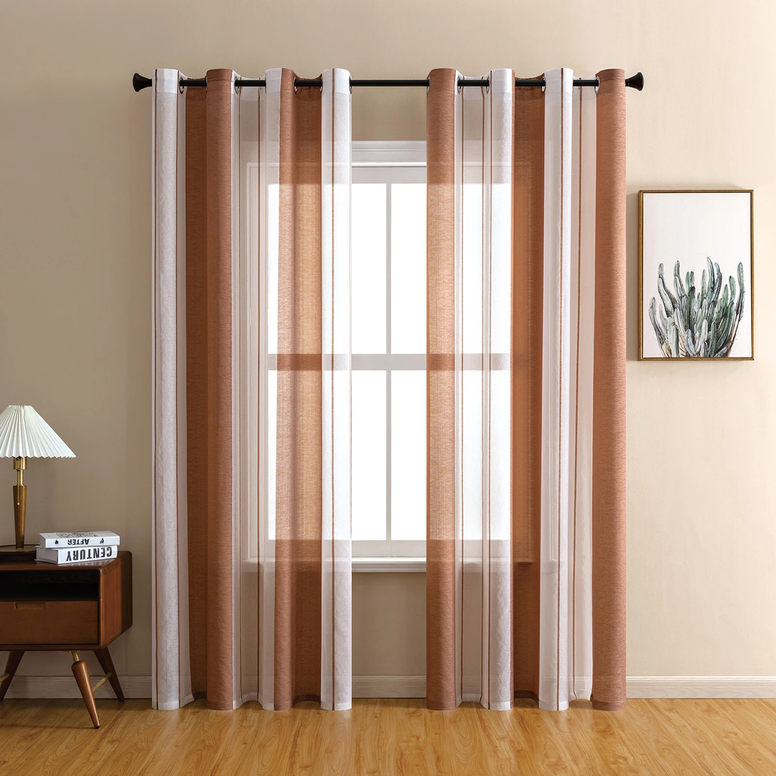 Striped Sheer Curtains | Soft Voile Fabric Semi Sheer Drapes - Eyelet Panels for Office & Home