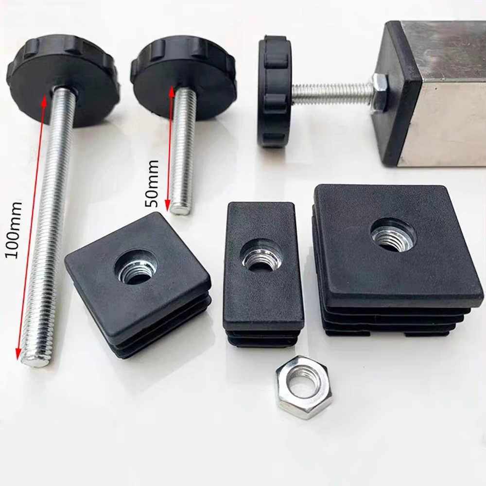 4Pcs Square Adjustable Foot Mat With M8 Nut Pipe Plug Black Rectangle Tube Furniture Leveling Feet Levelers For Table Chair Legs table foot pad