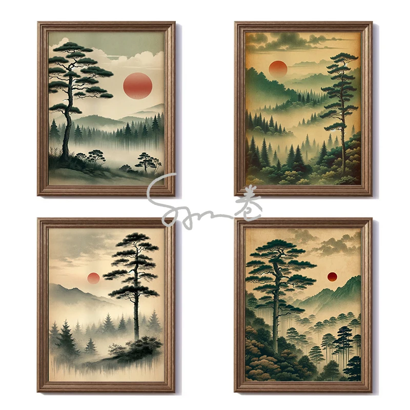 Crimson Dusk In The Pine Forest Vintage Art Poster Stampa Su Tela Vintage Japanese Fine Art Wall Decor Tradizionale Japan Decor