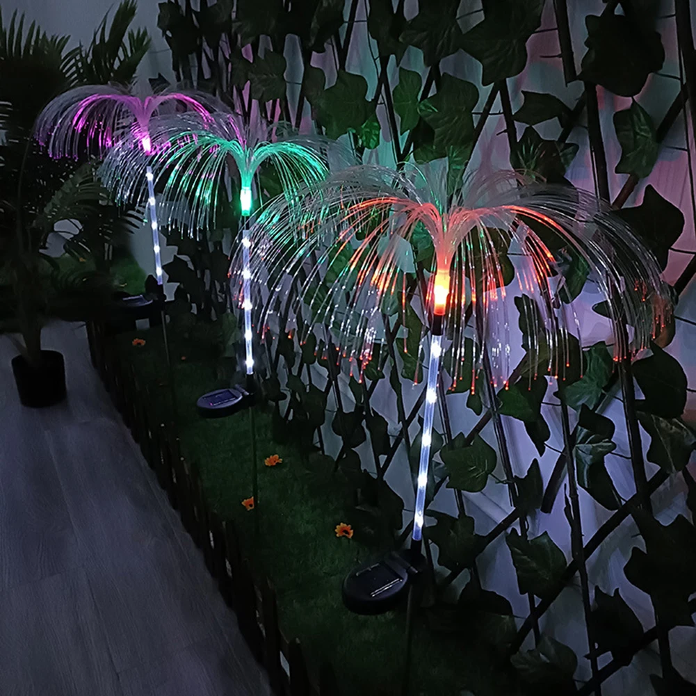 2pcs Solar Fiber Optic Garden Lawn Light Jellyfish Ground Plug Lamp Outdoor Courtyard Landscape
