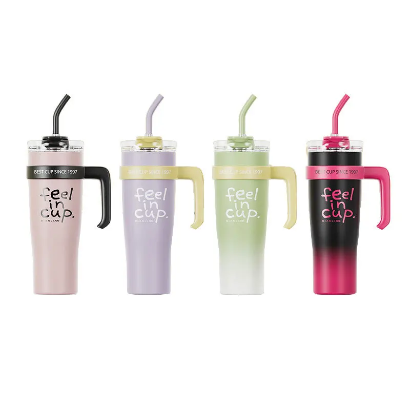 빨대 및 손잡이가 있는 보온 아이스 바 컵, 대용량 더블 컵, 1200ml