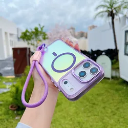Fashion Laser Gradient Clear Magnetic Lanyard Shockproof Magsafe Phone Case for iPhone 15 Plus (PURPLE)