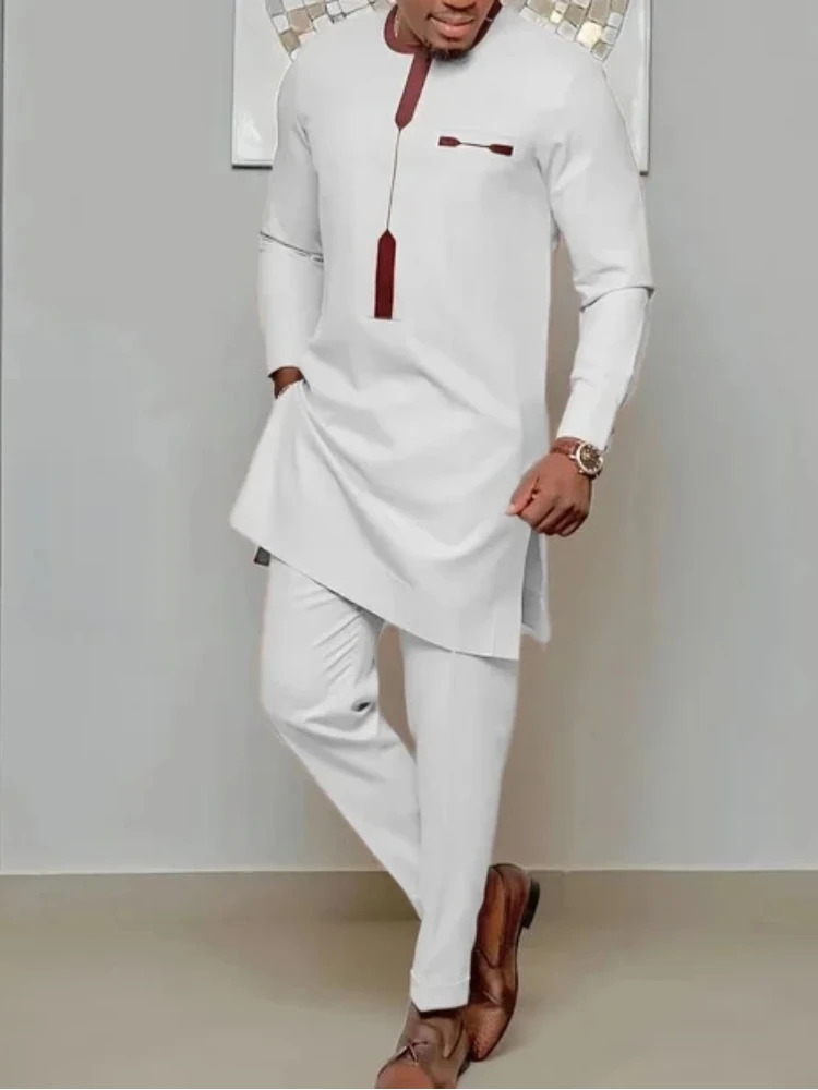 Men's chic casual white geometric print two-piece suit