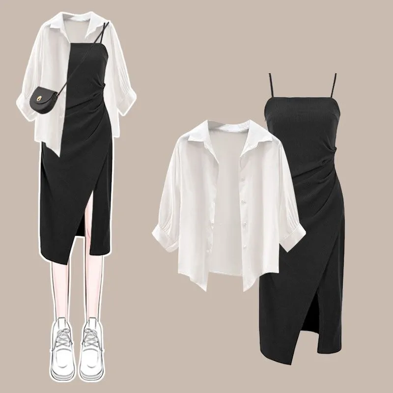 Women's Summer New Fashion Dress Matching Set 2024 Korean Elegant Sunscreen Shirt Top+Sexy Split Sling Skirt Two Piece Suit