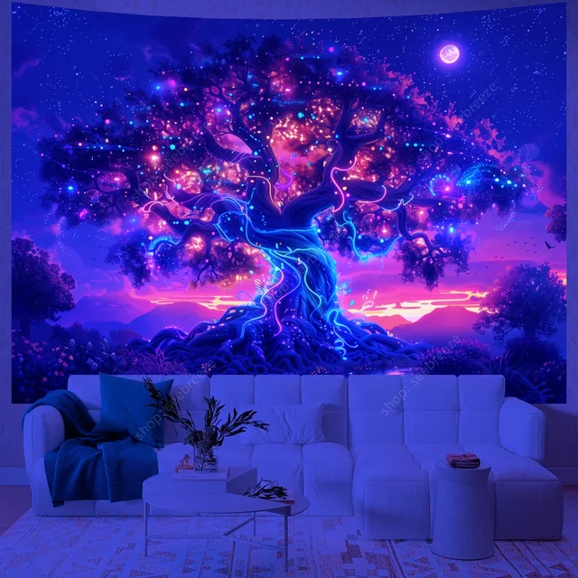 Arbre de vie tapisserie réactive UV nuit étoilée tapisserie tenture murale décor de chambre esthétique Hippie décoration murale de maison cadeau pour ami 3