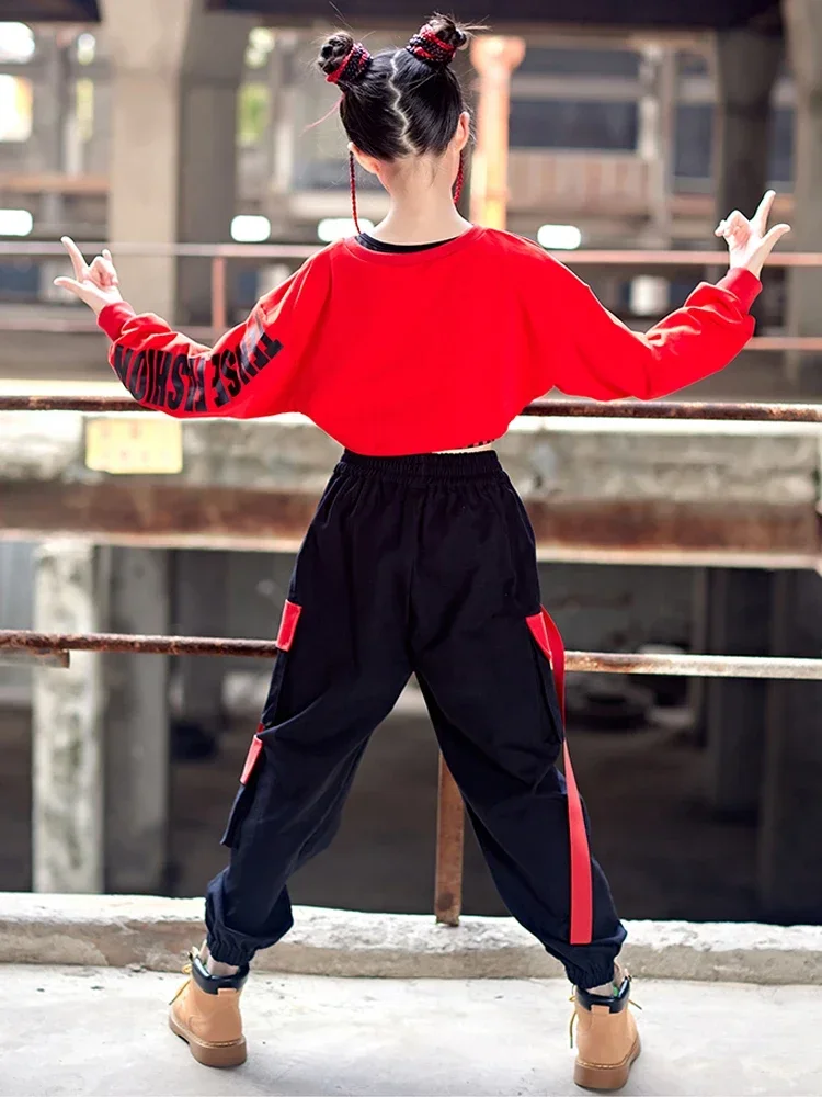 girl dance costume Teen Kids Fashion Streetwear Stage Outfit Girls Kpop Hip Hop Clothes Jazz Dance Costume Red Crop Tops Cargo Pants