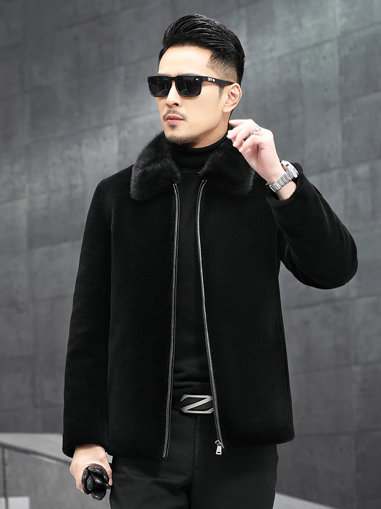 Fashionable Coat Men's Mink Fur Collar Fur Integrated Down Jacket Leather Fur Winter Long Sleeve Solid Color Pocket Coats