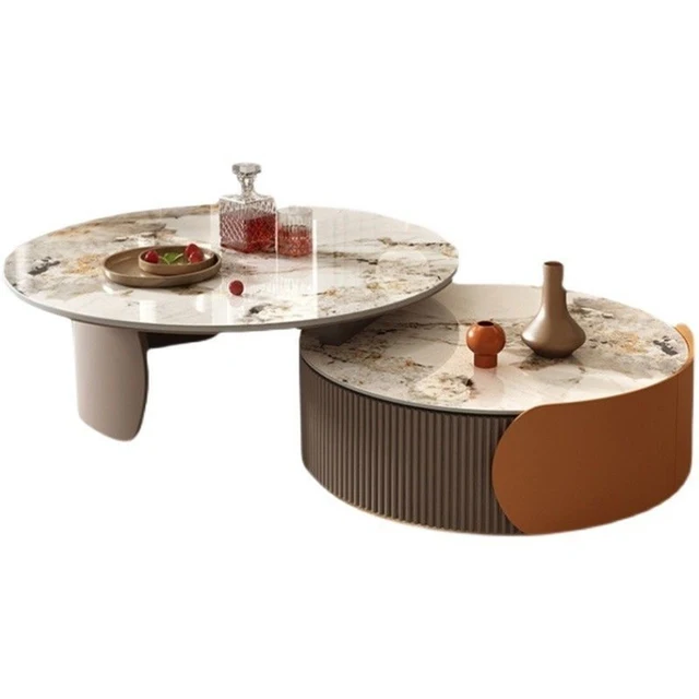 Round Nesting Coffee Table with Marble Pattern – Retractable End Table - Image 3