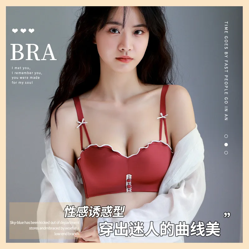 

Japan And South Korea Fashion Half Cup Gathering Small Breast Underwear Primordial Year Red Women's Bra Set