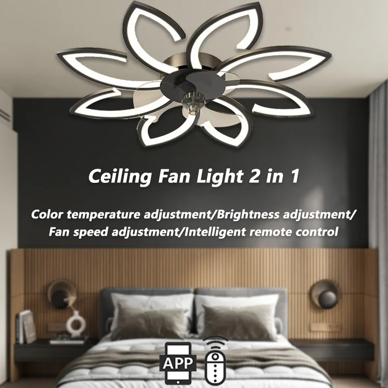 Modern Simple Petal Shape Ceiling Fan Lamp APP Intelligent Timing with Inverter Remote Control Indoor Living Room LED Lights