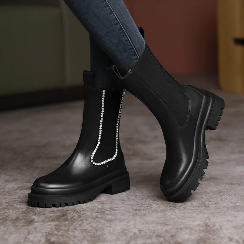 

Fall Winter Genuine Leather Chelsea Boots Women Shiny Rhinestone Thick-soled Ankle Boots Brand New Platform Slip-on Booties Hot