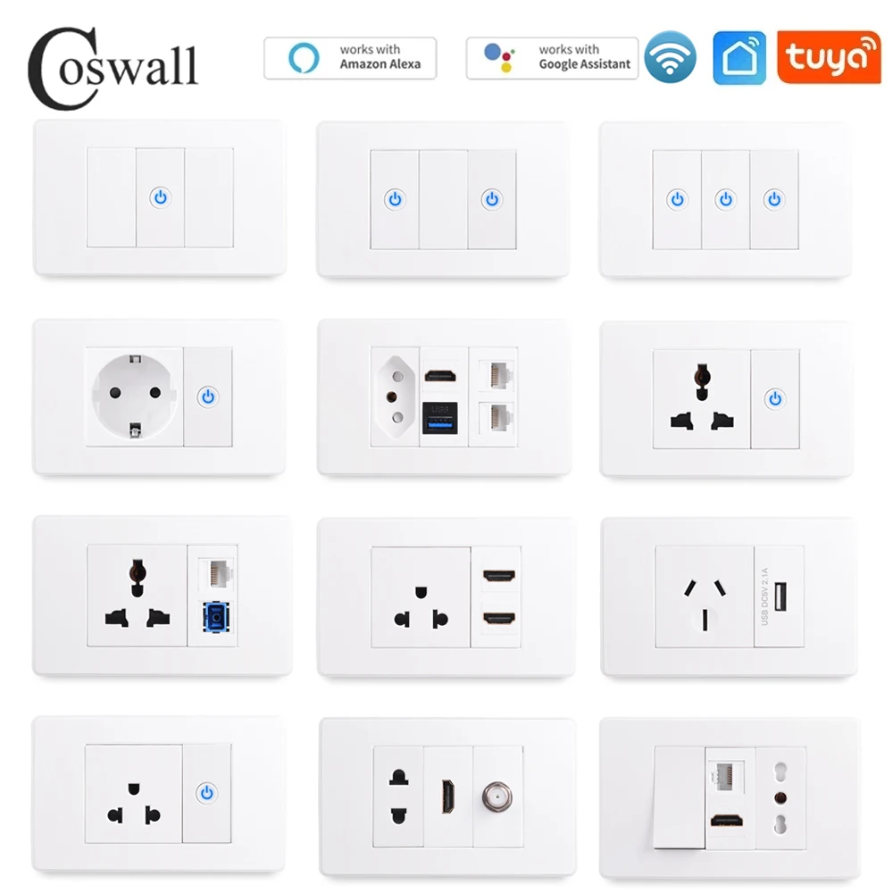 COSWALL Wall Socket Smart Switch Module, PC panel US AU Thailand universal socket WiFi Tuya smart switch TV internet jack USB charger connector DIY