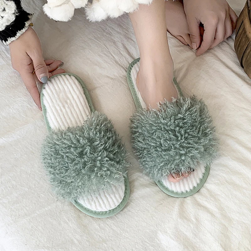 Autumn Winter Indoor Fluffy Fur Slippers Women 2025 Open Toe Non Slip House Slippers Woman Comfortable Soft Sole Plush Slides