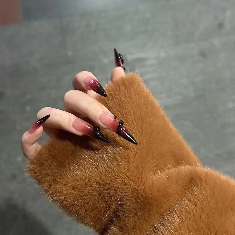 2025년 뱀 핸드메이드 롱팁 프레스 온 네일 스파이스 걸 다크 레드 새해 가짜 네일 심플 그라디언트 3D 뱀 네일 아트 - AliExpress