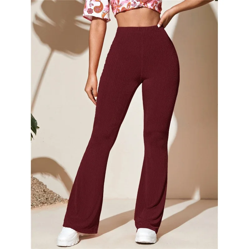 Women Summer Full Length Elastic Waist Yoga Pants Sexy Slim High Waist Wide Leg Long Trousers Casual Solid Knitted Flare Pants - Image 2