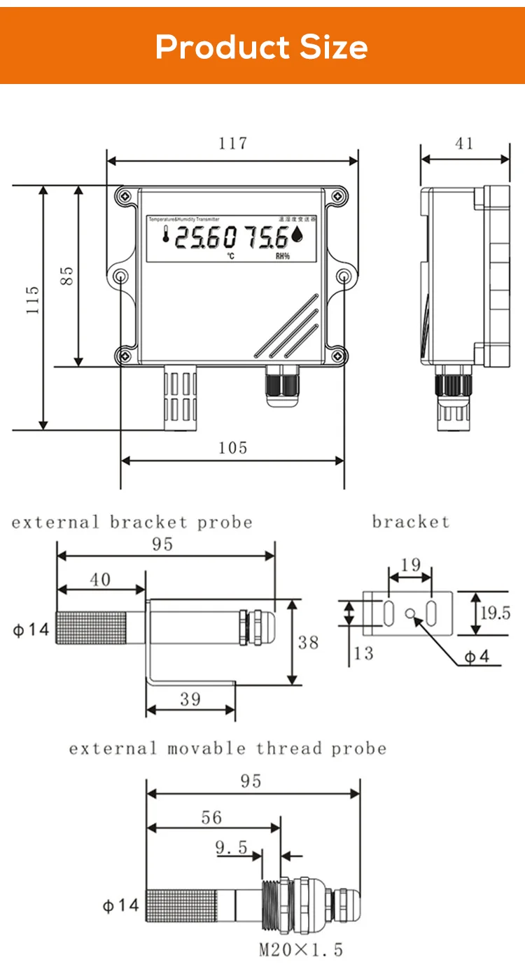 RS485 0-5V 0-10V 4-20mA Display Transmitter with Temperature Humidity Sensor Wal