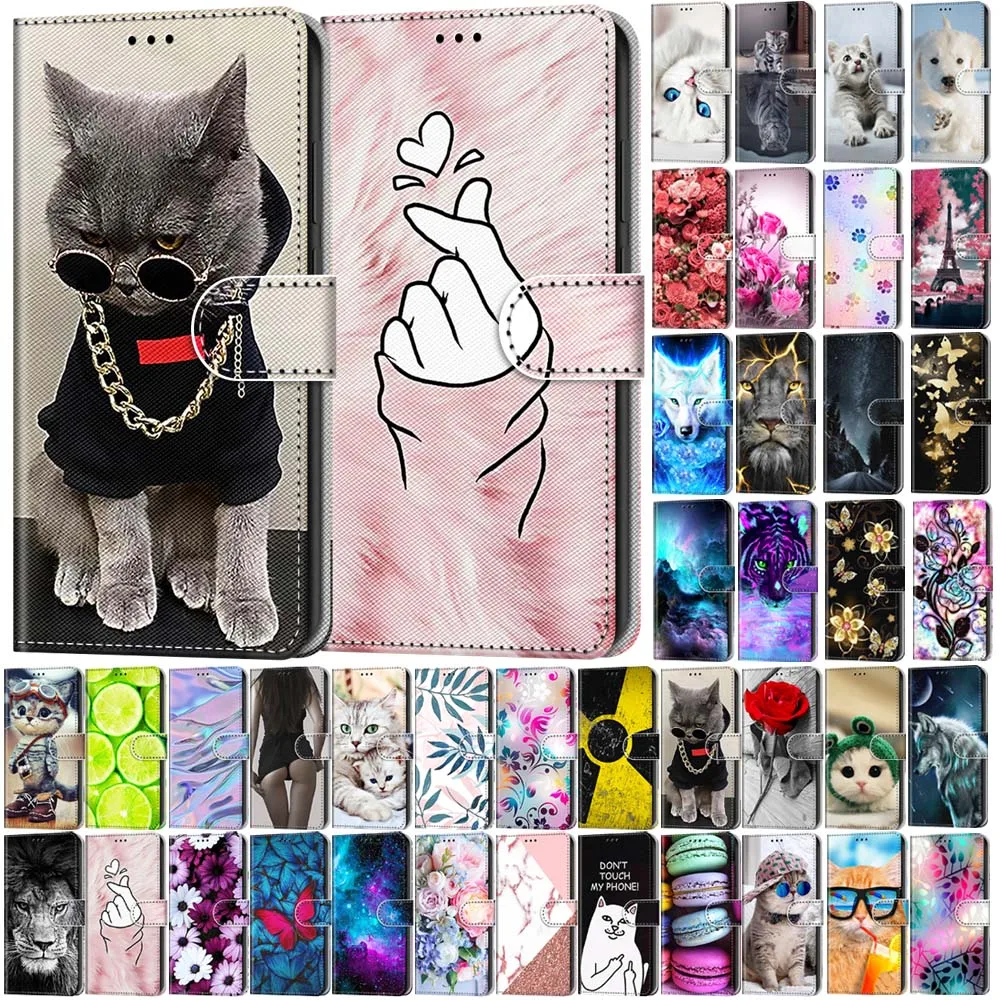 

Case For Motorola Moto E7 Plus E13 E22 E22i E20 E30 E40 G72 Colorful Cat Lion Flower Painted Wallet Flip Card Holder Stand Cover