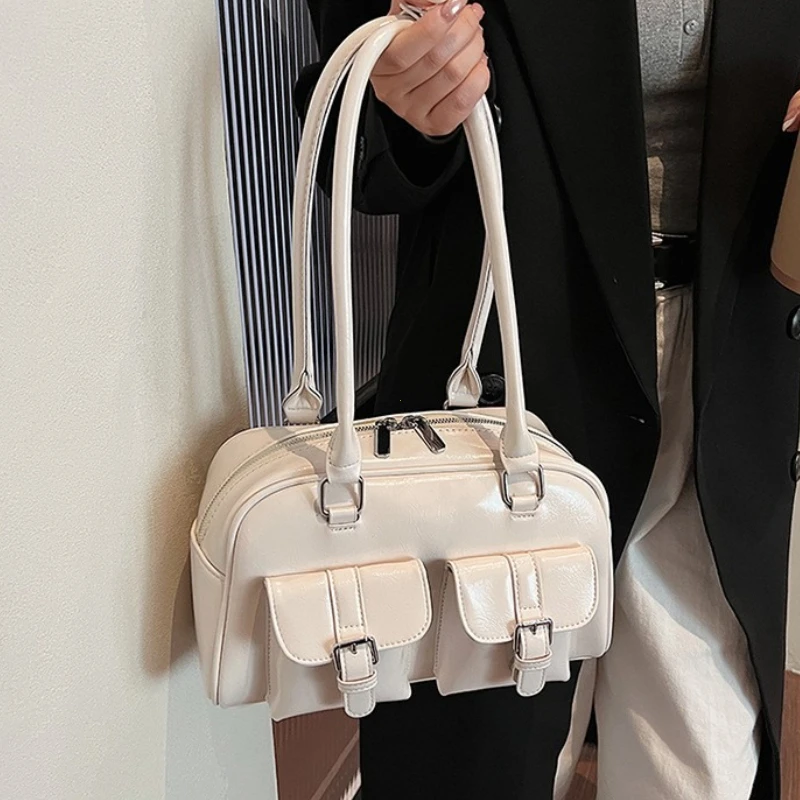 Retro PU Leather Double Pockets Underarm Bags For Women 2026 Winter Y2K New Korean Fashion Female Shoulder Bag Stylish Handbags