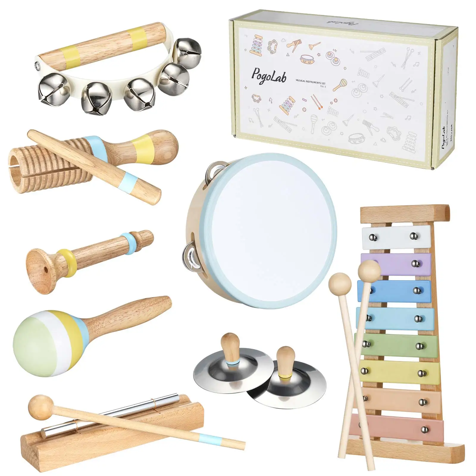 Pogolab Wooden Xylophone Drum Set Tambourine Maraca Xylophone Cymbal Hand Bells Chime Bar Percussion Instruments Set for Kids