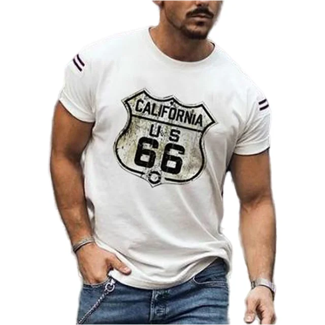 2022 Summer New Men's Retro T-Shirts US Route 66 Letter Print Short Sleeve Oversized Loose Clothes Crew Neck Top Streetwear 6xl S2082