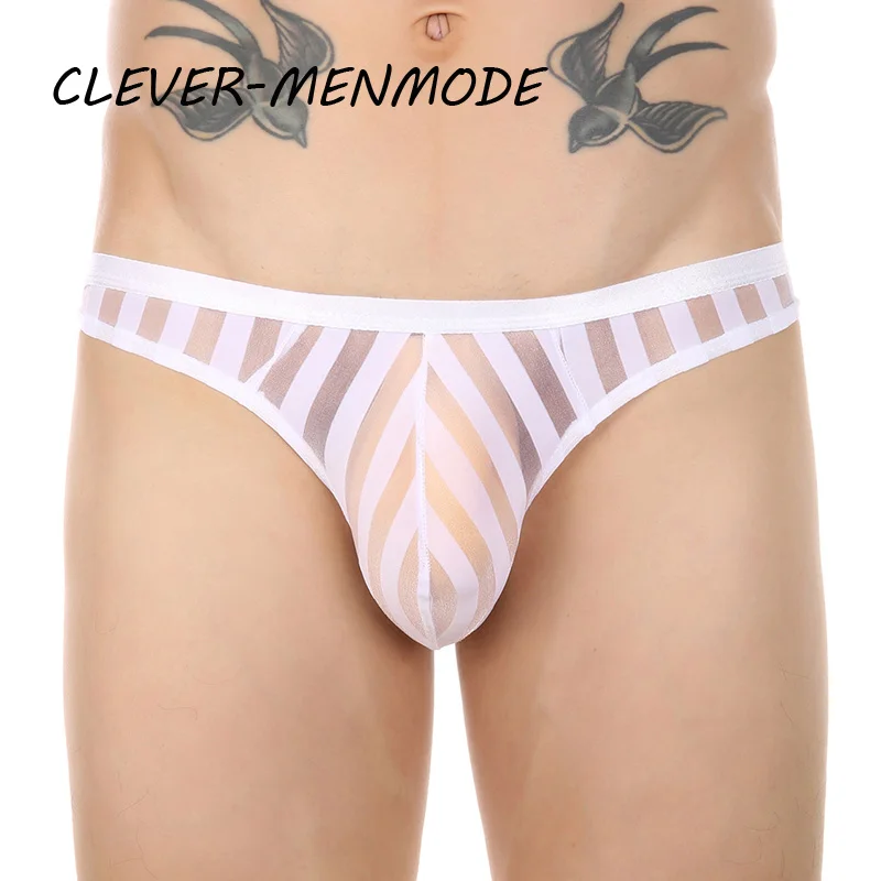 CLEVER-MENMODE Sexy Men's Underwear Transparent See Through Striped Thong Breathable Mesh Bikini U Convex Bulge Pouch Panties male underwear