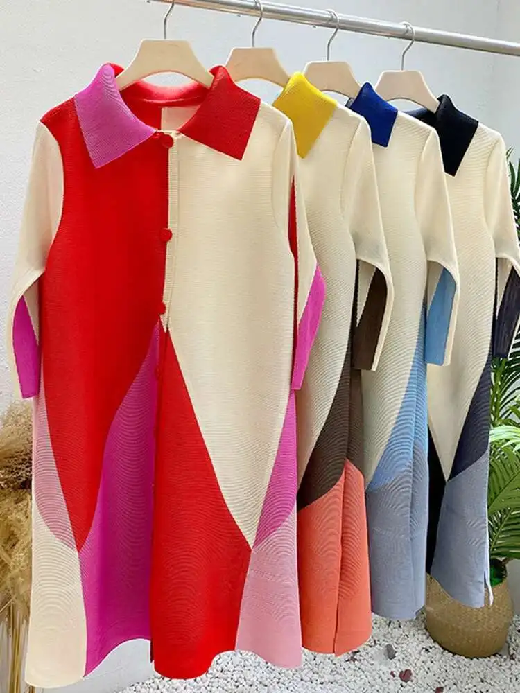 LANMREM Turn Down Color Block Pleated Dress For Women Three Quarter Sleeves Single Breasted Loose Dresses Female Fashion 2R1982 - Image 6