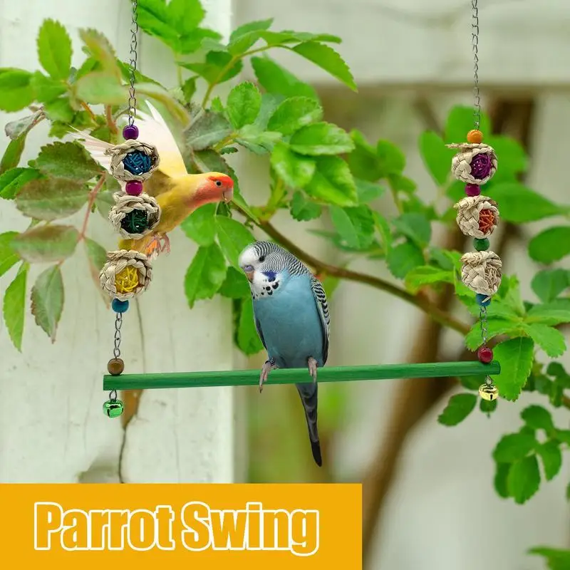 Natural Wooden Birds Perch Parrots Hanging Swing Cage Toys Stand Holder Pendant With Colorful Beads Chewing Toy