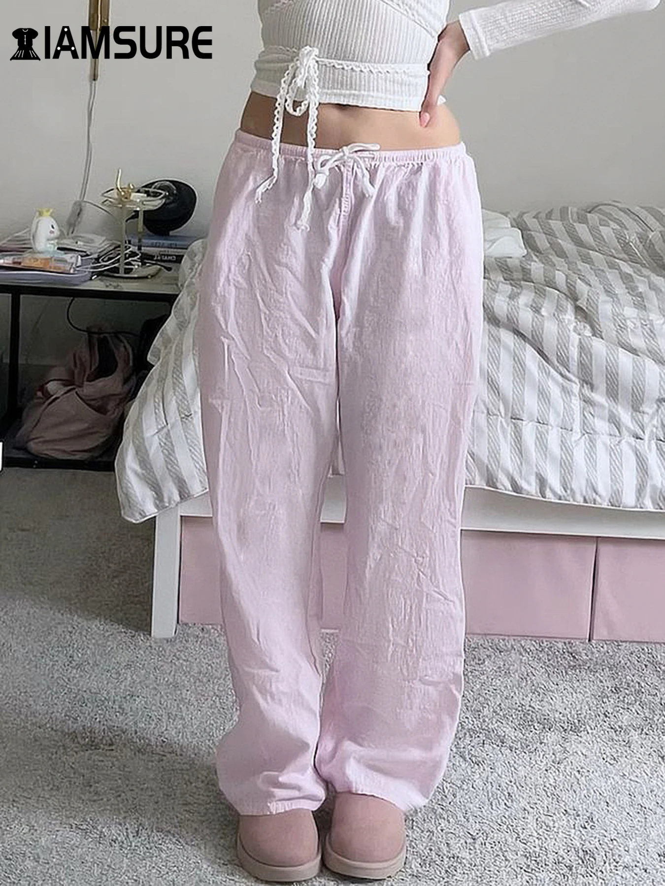 IAMSURE Sweet Solid Drawstring Wide Leg Pants Casual Loose Low-Waisted Straight Pants Women 2024 Summer Spring Streetwear Lady