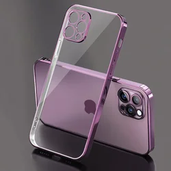 Luxury Plating Square Frame Silicone Transparent iPhone Case with Clear Back Cover for iPhone XS Max (Dark Purple)