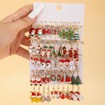 10/20/40pcs New Christmas Set Cross border Hot Selling Cartoon Dripping Oil Elk Santa Claus Christmas Tree Earrings for Women 1