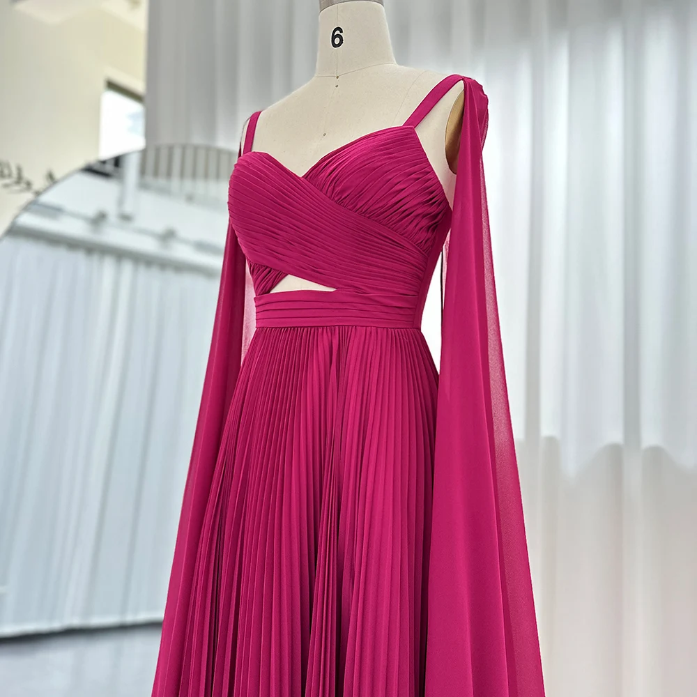 S1707aba544d246cf8d6a7534b6f11848Y Fuchsia Chiffon Dubai Evening Dresses with Cape Sleeves Yellow Arabic Elegant Women Wedding Party Formal Gowns Mallzona