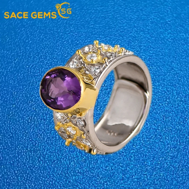 

SACE GEMS New 925 Sterling Silver Resizable Luxury Natual Amethyst Rings for Women Engagement Cocktail Party Fine Jewelry Gift