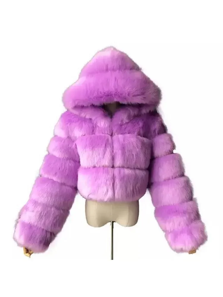 Imitation Fox Fur Stitching Hooded Short Long-Sleeved Fur Coat Women's Clothing 2023 Winter Fashion Solid Color Faux Fur Female