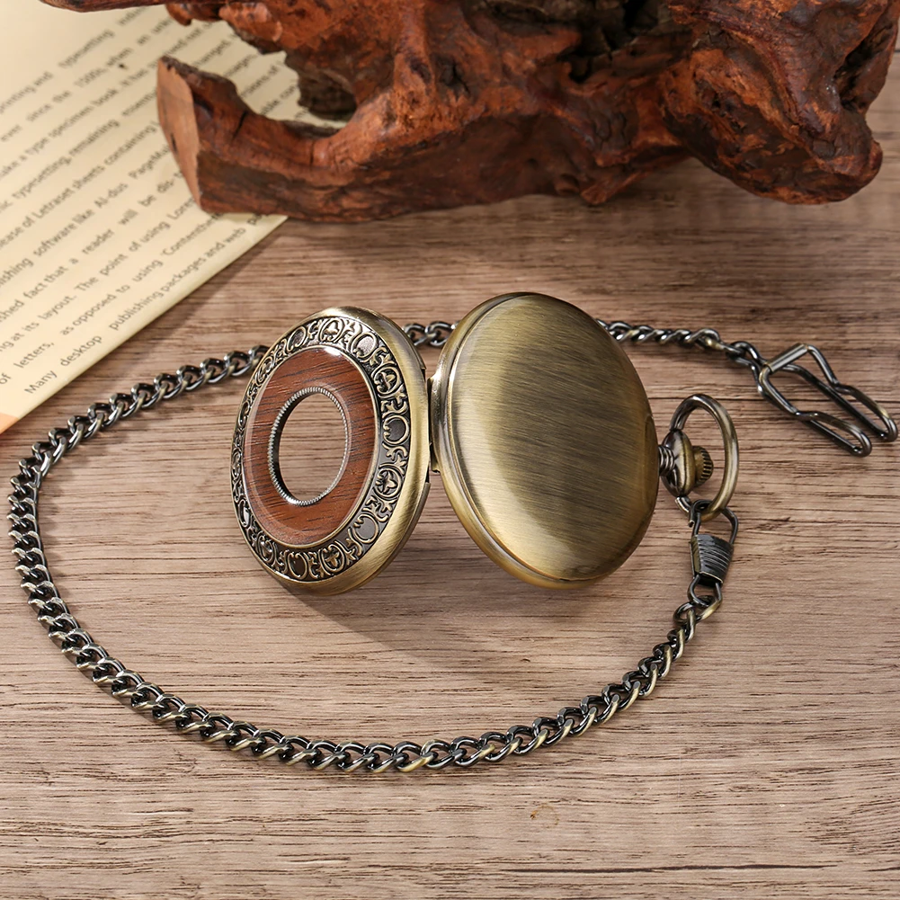 Antique Red Wood Decorated Half Hunter Bronze Quartz Pocket Watch Fob Chain Pendant Pocket Clock Vintage Timepiece Gift Male