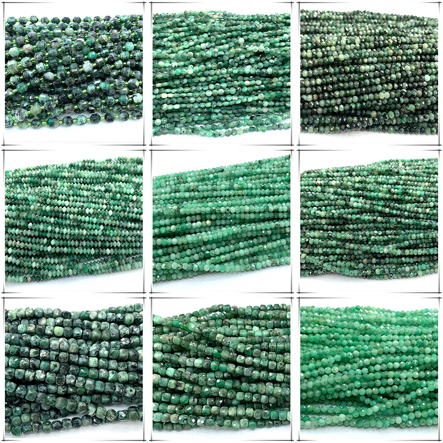 Veemake Natural Emerald Faceted Round Rondelle Edge Cube Coin Disc Beads For Jewelry Making DIY Necklace Bracelets Earrings 2