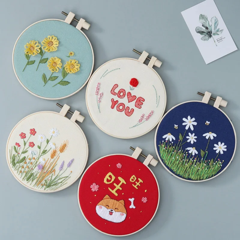 DIY Flowers Plants Pattern Embroidery Set Needlework Tools Printed Beginner Embroidery Round Cross Stitch Kit Sewing Craft Kit embroidery set embroidery kits embroidery tool