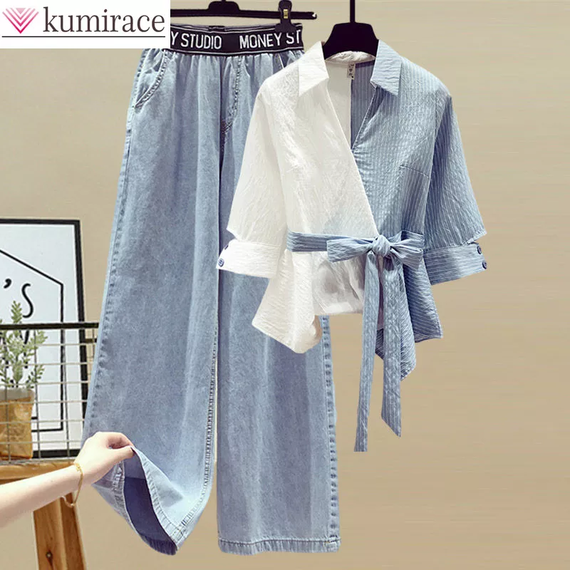 New summer chiffon stitched women's shirt elegant women's jeans casual blouse two-piece ladies sports set.
