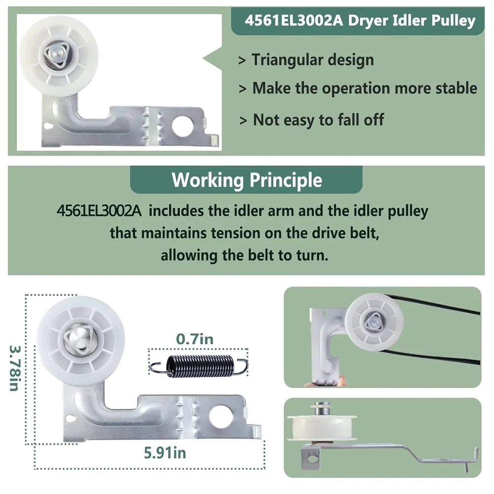 Description Picture 5 of item4581EL2002C Dryer Drum Roller 4400EL2001A Dryer Belt 4561EL3002A Idler Pulley and Spring Compatible with LG Kenmore Dryers