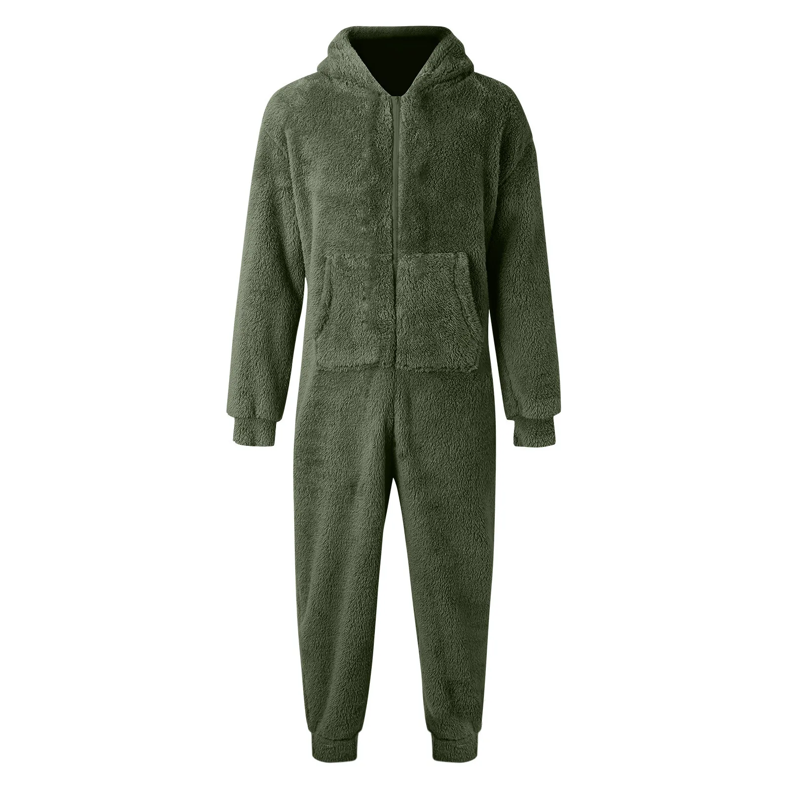 Men Artificial Wool Long Sleeve Casual Solid Color Zipper Loose Hooded Jumpsuit Pajamas Winter Warm Fleece Wear 1 Piece Suit men bodysuits men jumpsuits